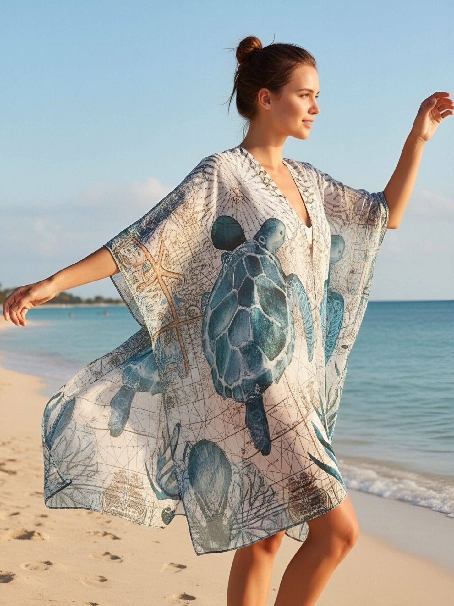 Blue-Multi Open Front Sea Turtle Kimono