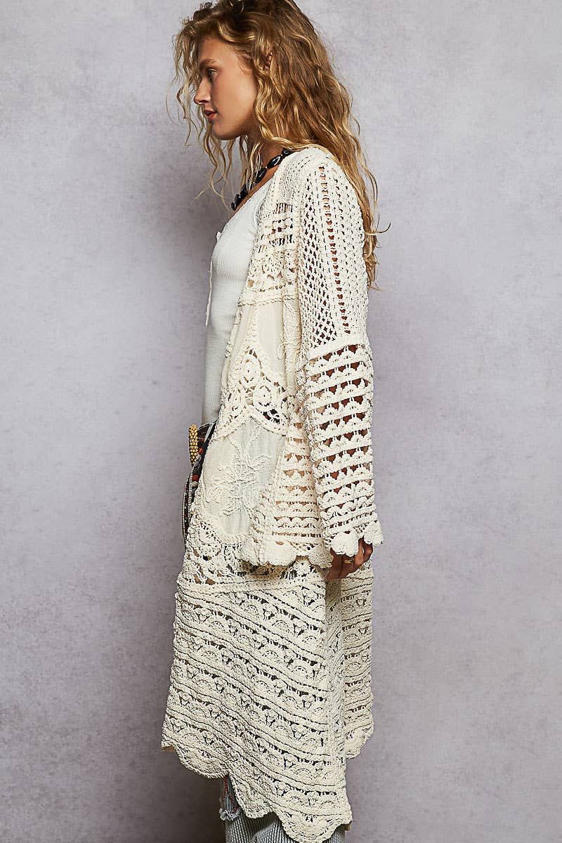 Long sleeve solid chenille crochet cardigan