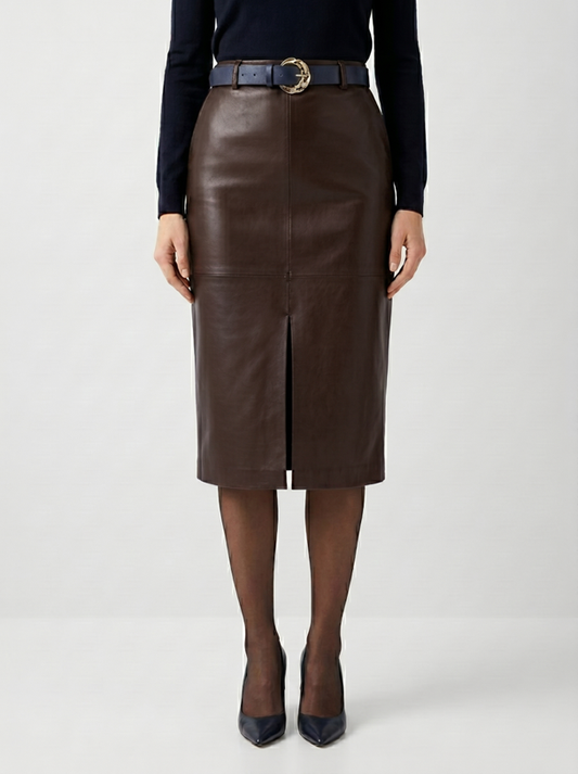 Midi Leather Skirt w/ Leather Belt