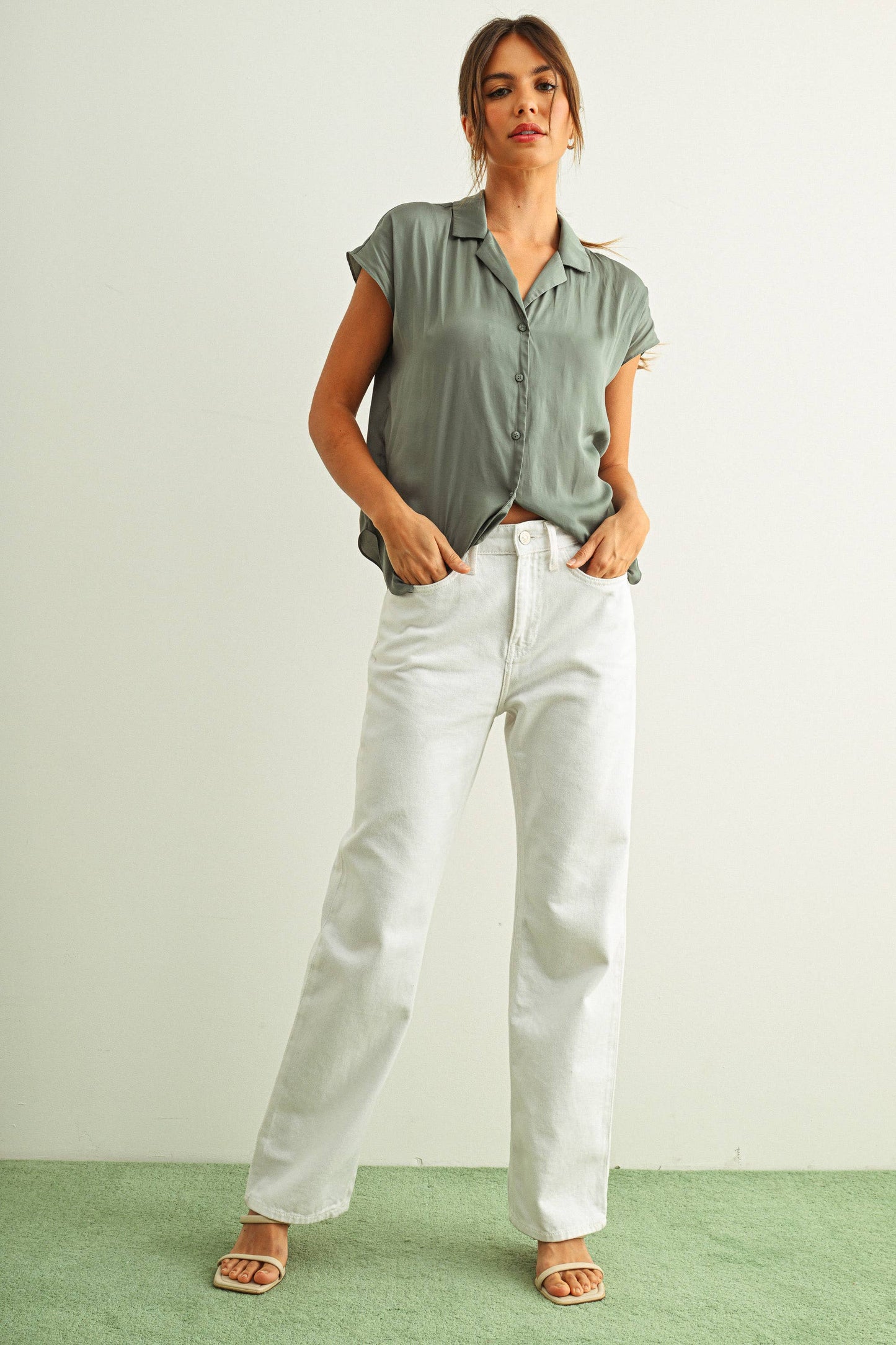 BUTTON DOWN CAP SLEEVE SHIRTS