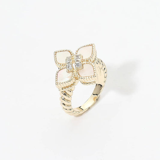 14K Gold Plated CZ Center Mother of Pearl Flower Accent Ring