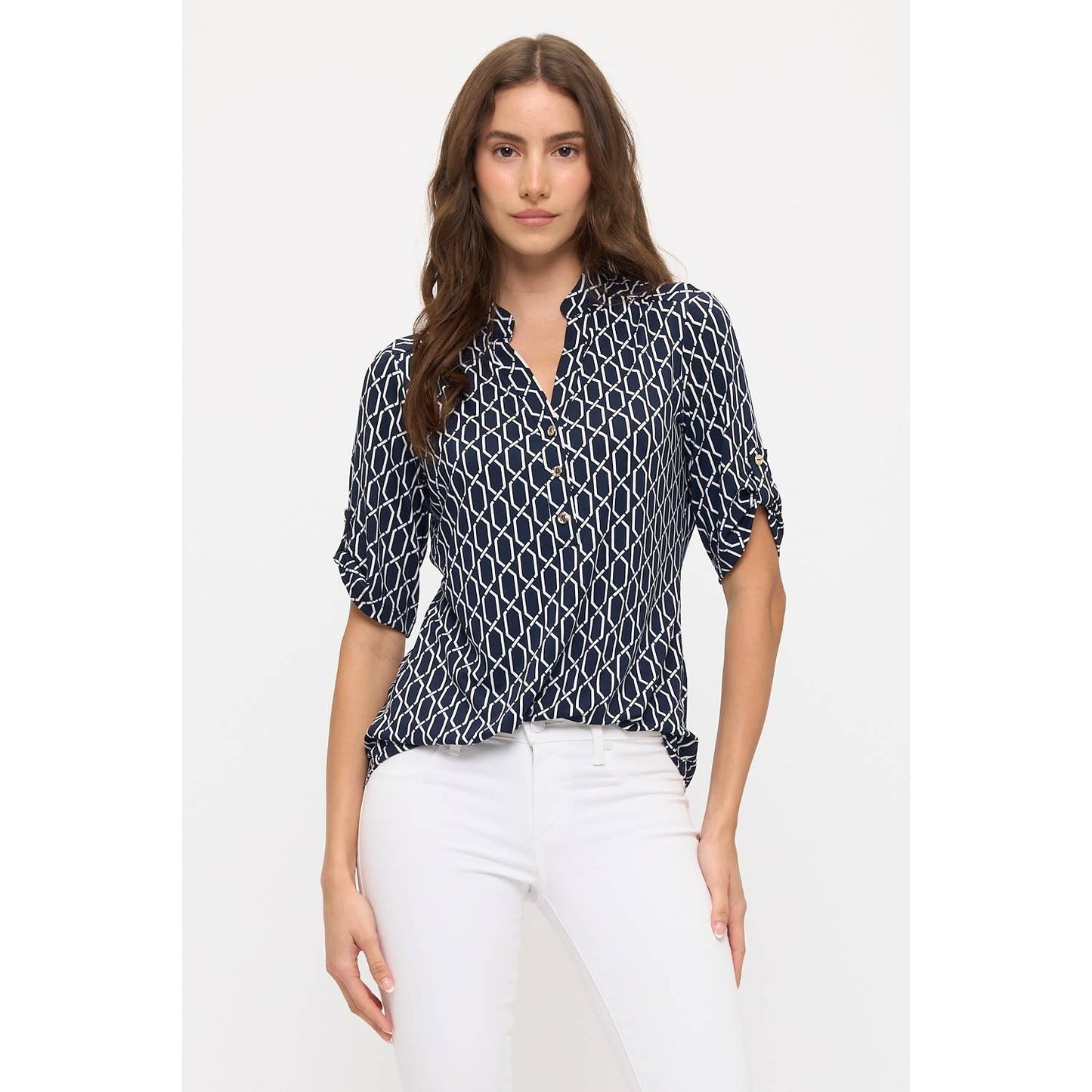 MANDARIN HALF PLACKET ROLL TAB SHIRT