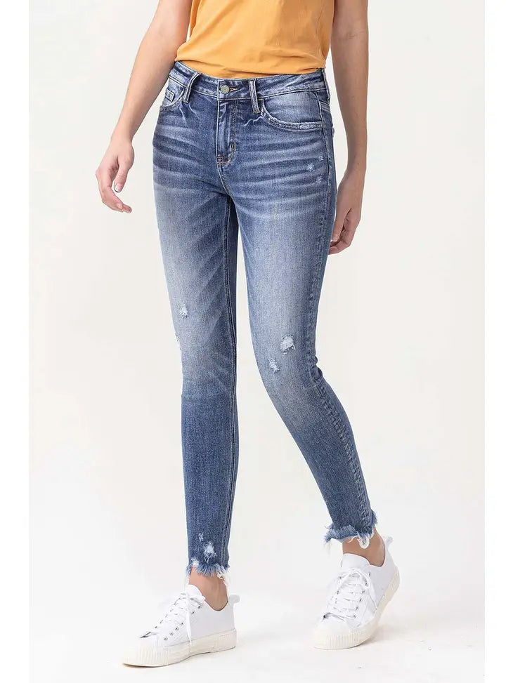 Mid Rise Ankle Skinny Jeans with Frayed Hem Detail