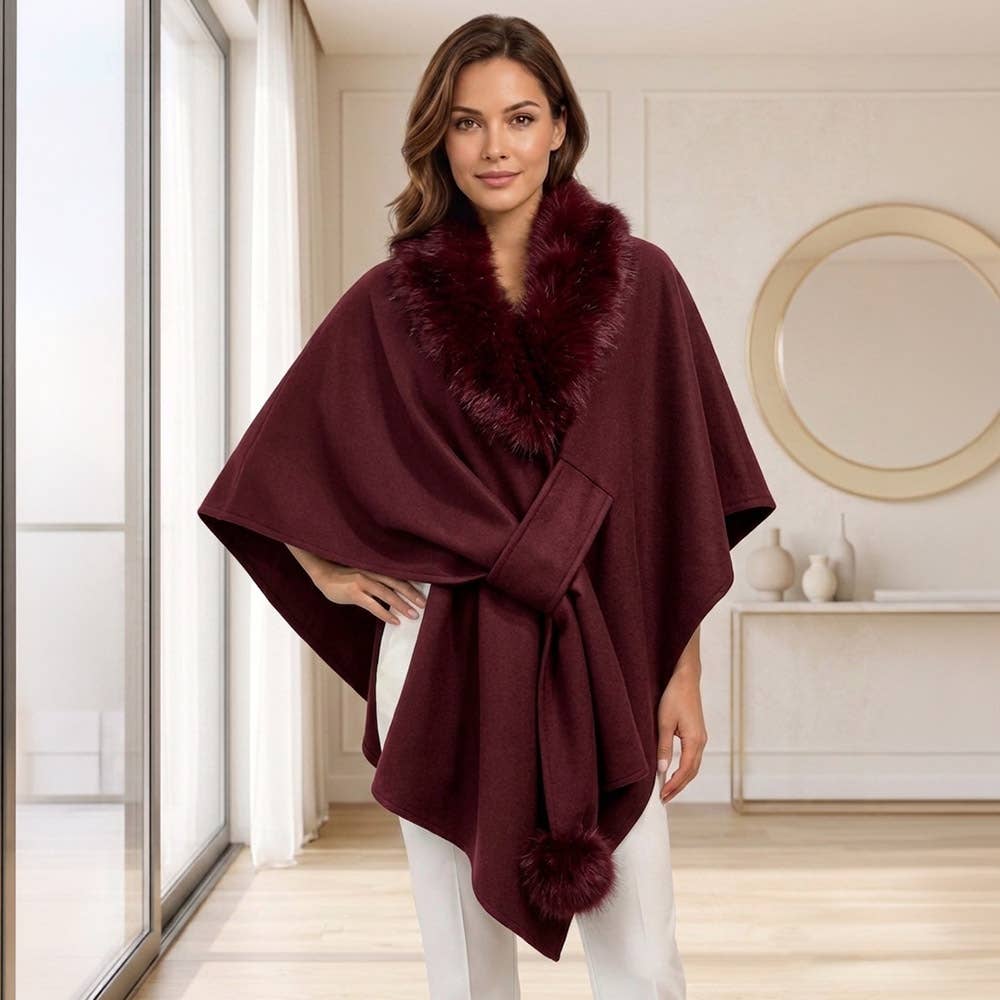 Faux Fur Collar Pom Pom Trim Wrap Cape Coat Poncho