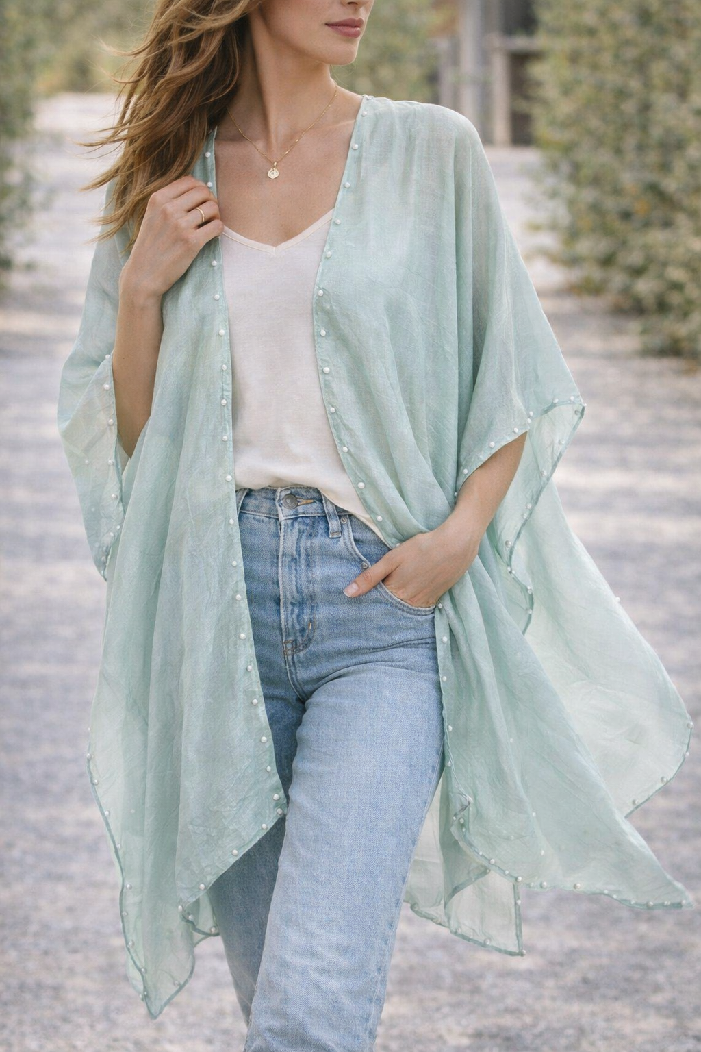 Airy Pearl-Trim Silk-Blend Layering Kimono Cover-Up