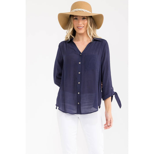 PAPAYA GAUZE COLLAR TIE SLEEVE SHIRT
