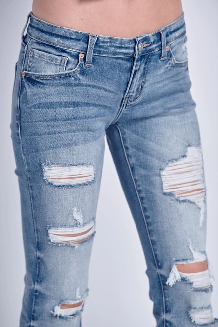 Low Rise Stretch Distressed Bootcut with Frayed Hem Jeans