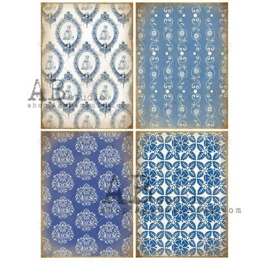 AB Studios Rice Paper A4 4 Blue Tile Patterns #490