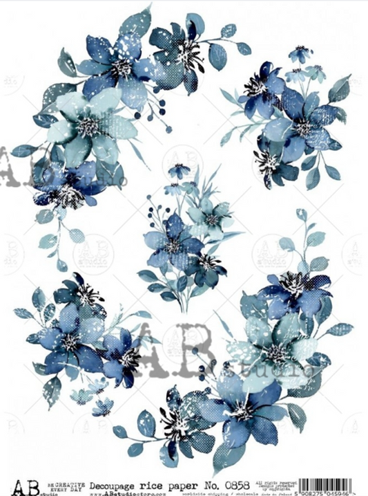 AB Studios Rice Paper Blue Flowers A4