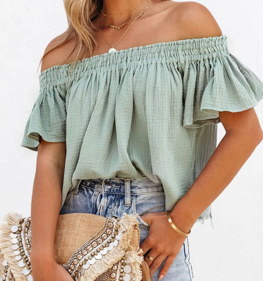 Green Off Shoulder Textured Ruched Ruffle Blouse