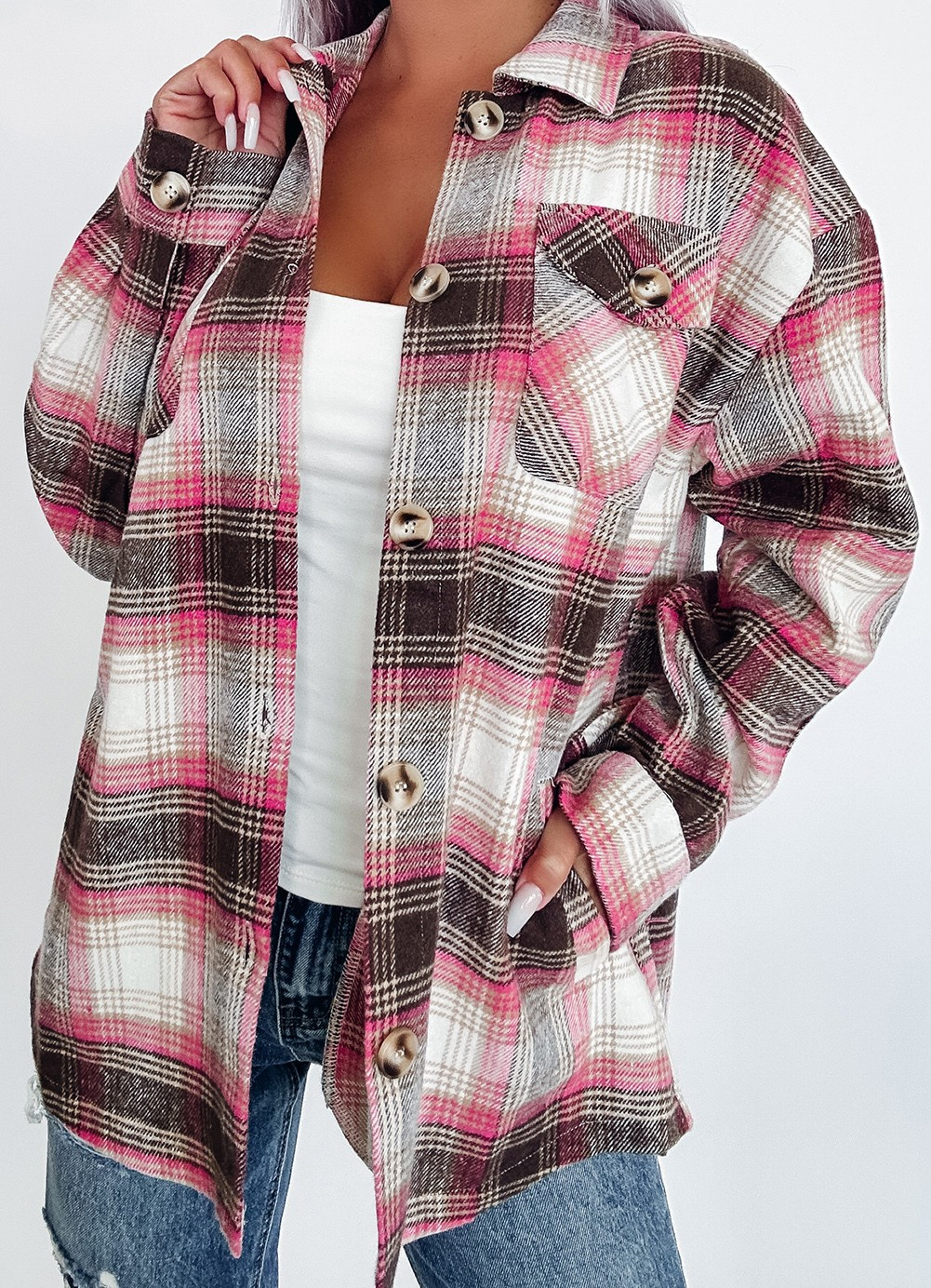 Pink Plaid Flap Pocket Button Up Shacket