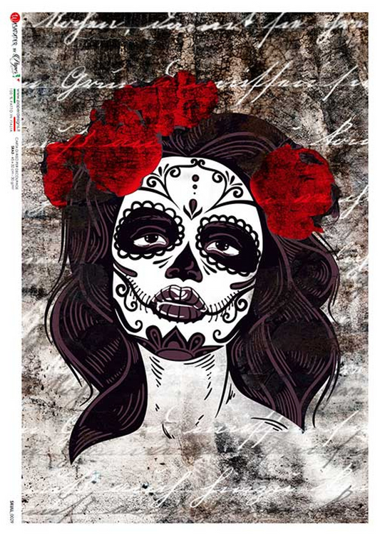 Paper Designs Rice Paper Dia de los Meurtos Red Roses Skull