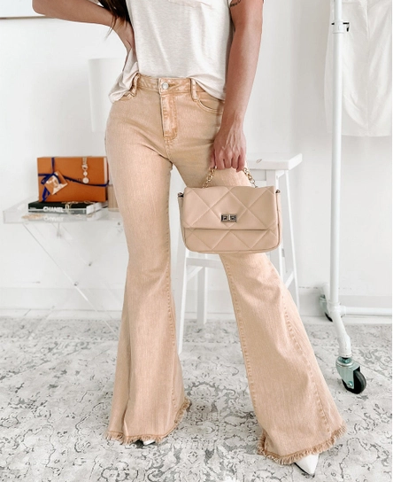 Khaki Raw Edge Mid Waist Flared Jeans