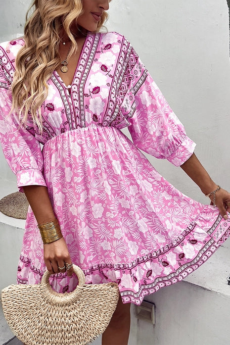 V Neck 3/4 Sleeve Floral Short Dress - Pink