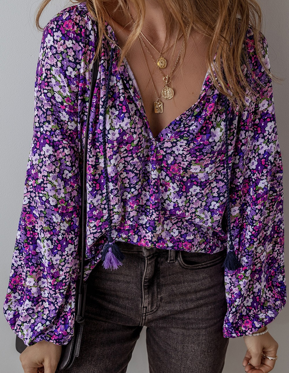 Purple Boho Flower Split V Neck Bubble Sleeve Blouse