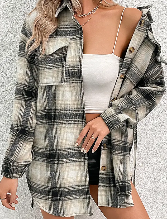 Black with Khaki Plaid Pocketed Oversize Shackets