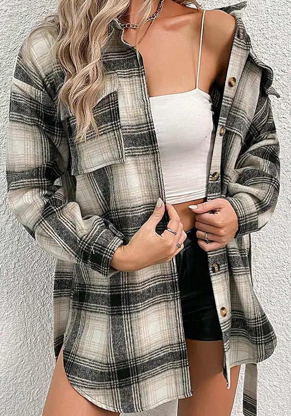 Black with Khaki Plaid Pocketed Oversize Shackets