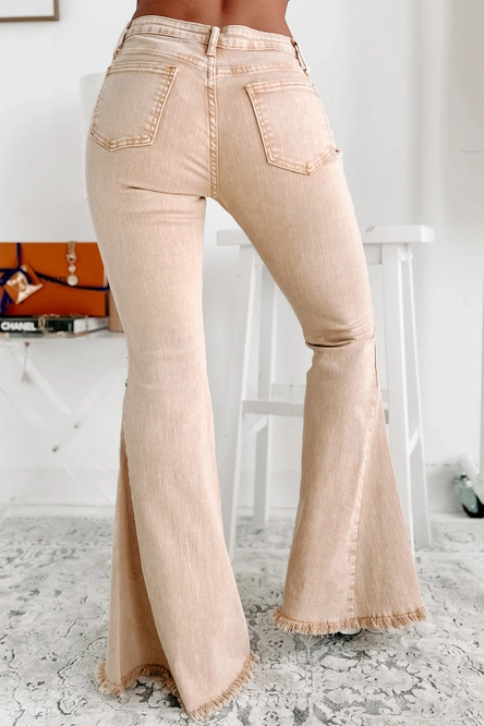 Khaki Raw Edge Mid Waist Flared Jeans