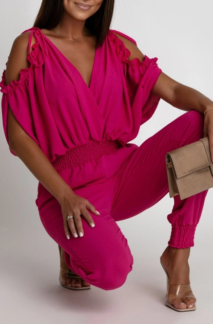 Azelia Cold Shoulder Jumpsuit-Hot Pink